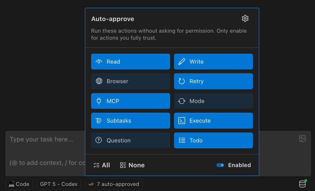 Official Roo Code documentation screenshot showing the Auto-Approve settings dropdown with individual All and None toggles per permission category
