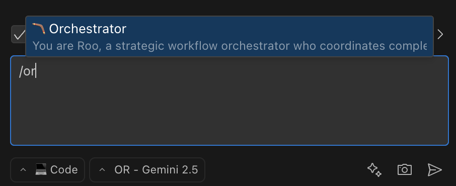 Official Roo Code documentation screenshot showing a user typing a slash command like /architect to switch modes directly from the chat input