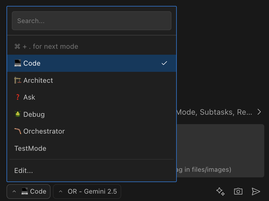 Official Roo Code documentation screenshot showing the mode-selector dropdown used to switch between Code, Architect, Ask, Debug and Orchestrator modes